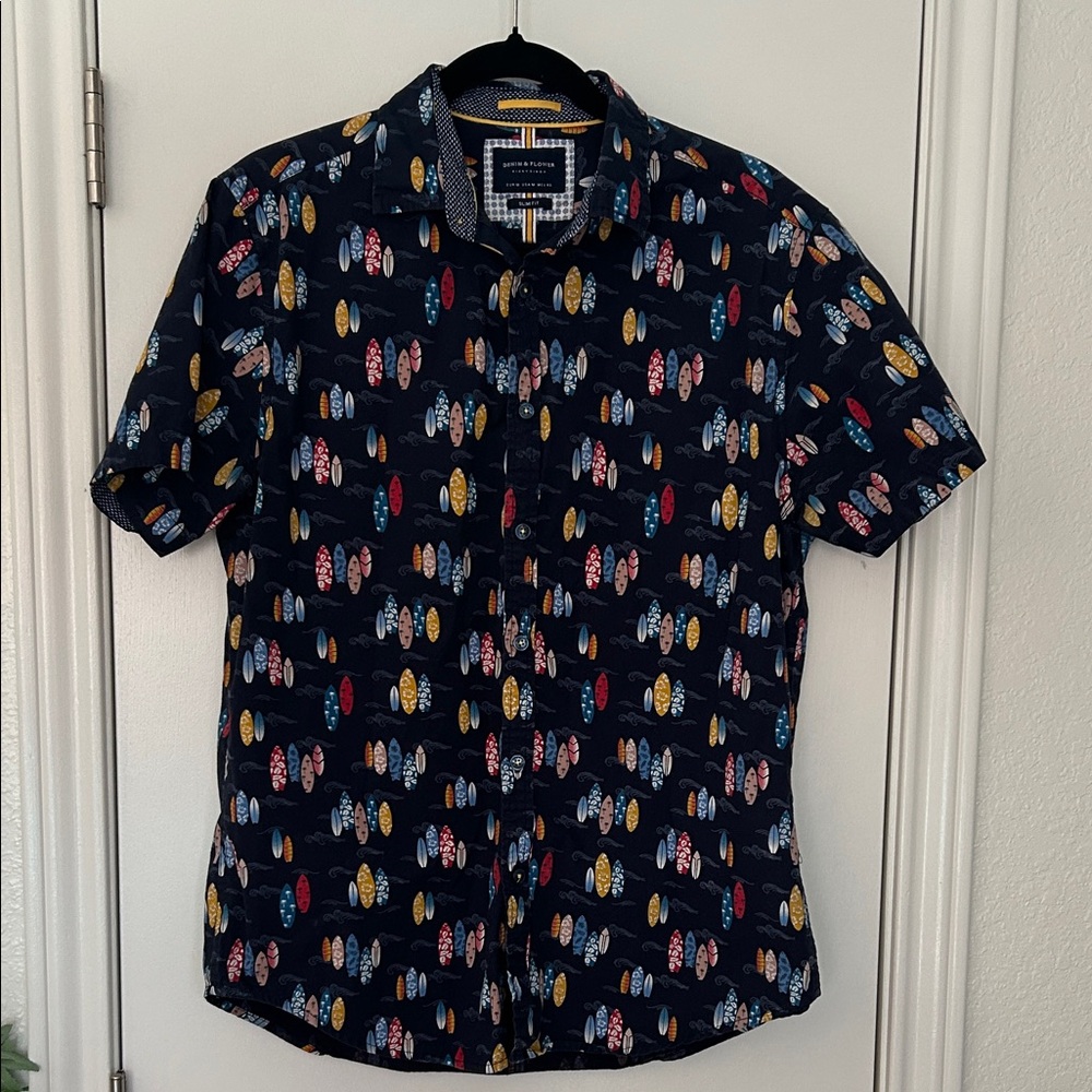 Denim & Flower Surfboard Print Shirt - Navy Multicolor
